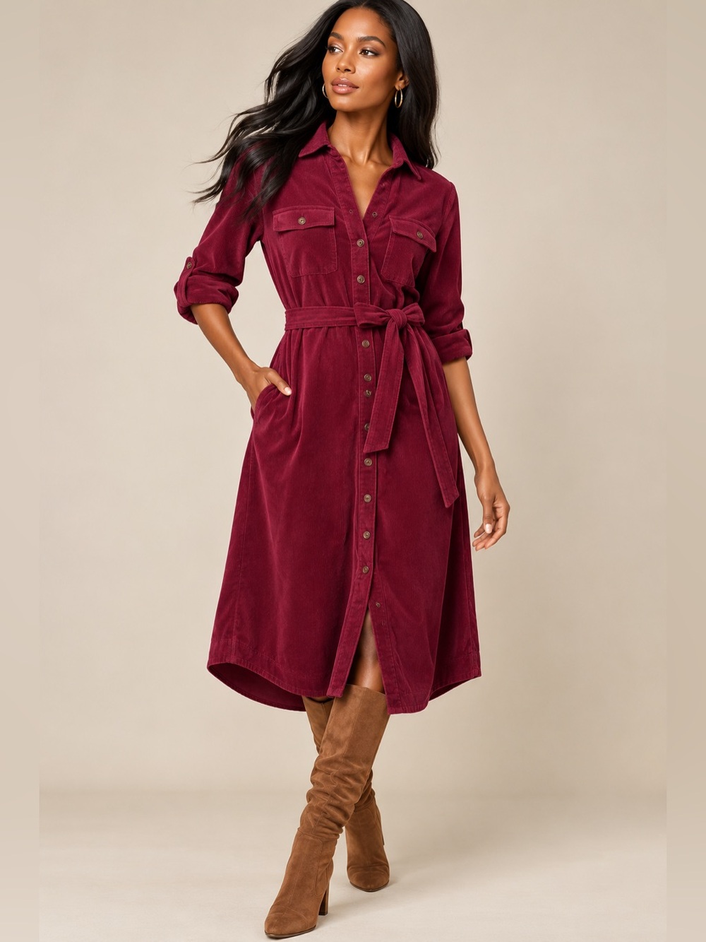 St. John’s Bay Vintage 100% Cotton Corduroy Belted Shirt Dress L Burgundy